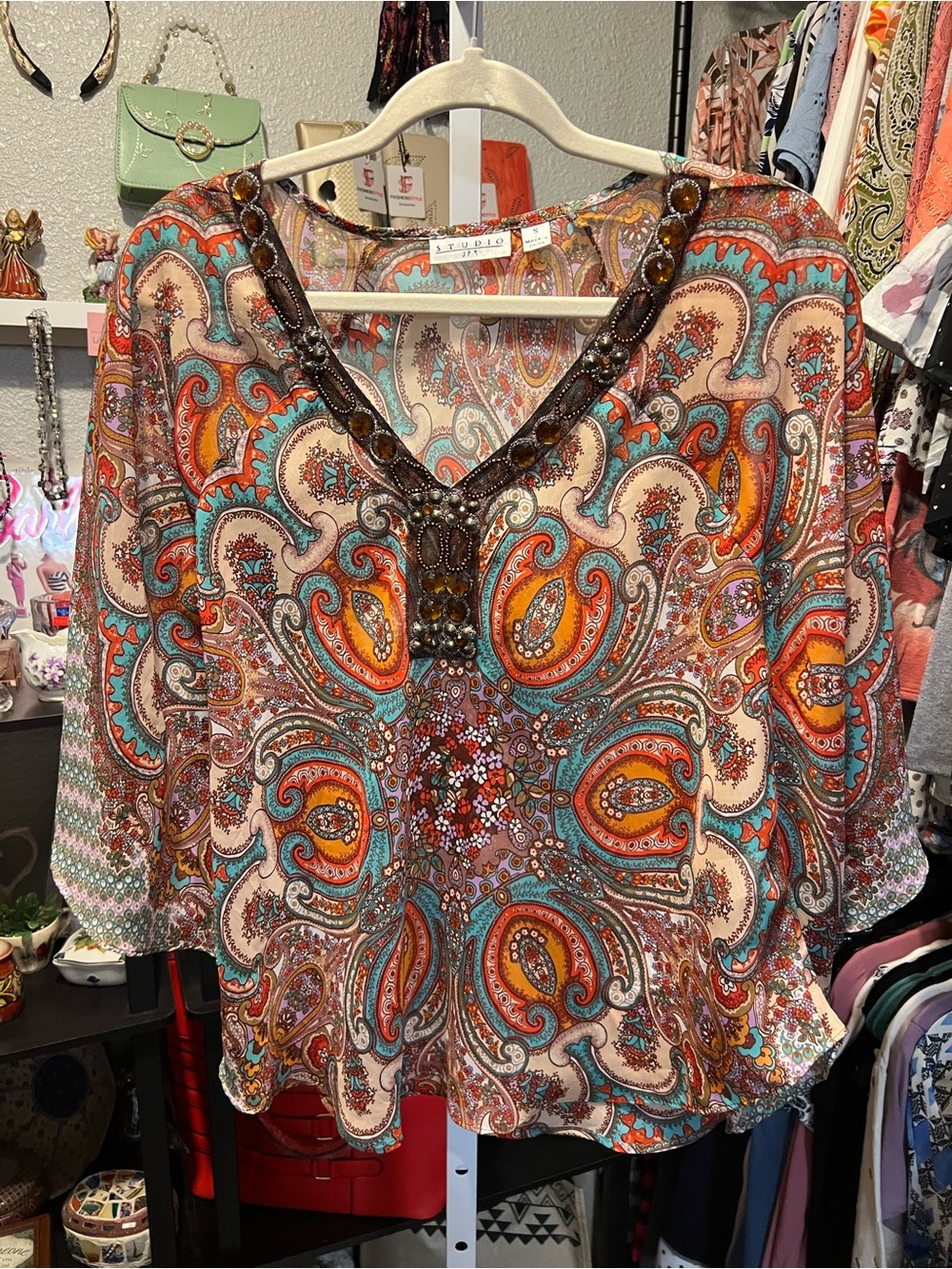 Studio Embellished Paisley Tunic in Orange, Teal, Cream